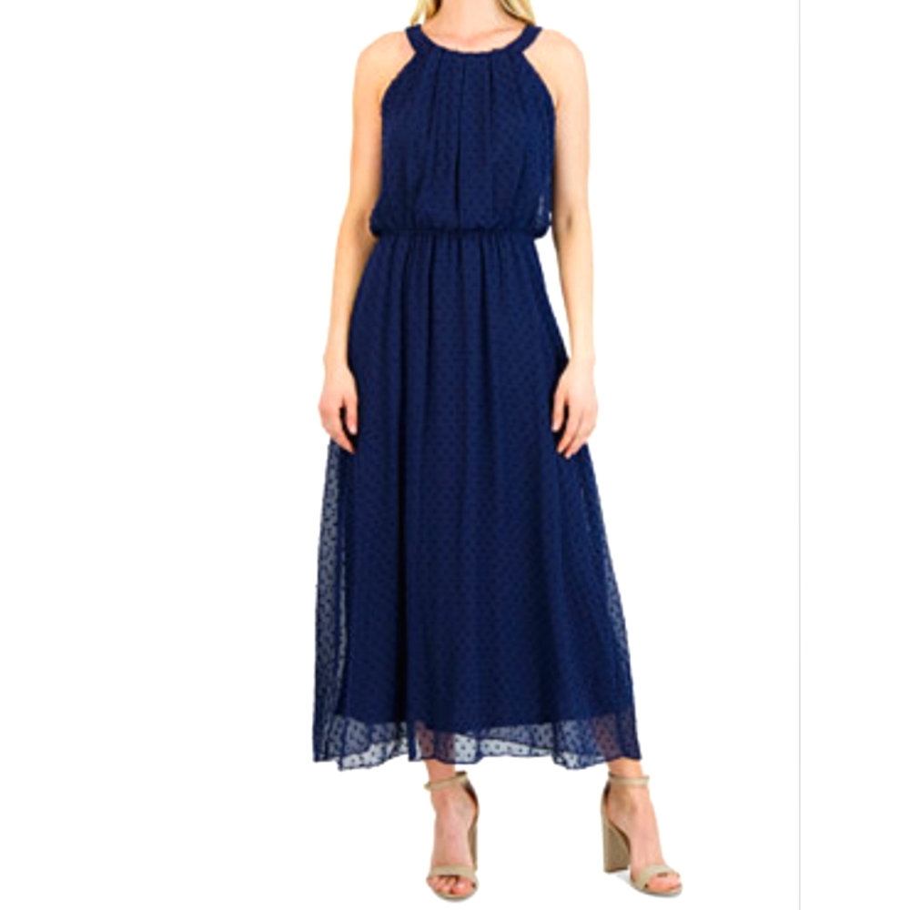 NWT Robbie Bee Halter Neck Clip Chiffon Maxi Dress Navy Size 10
